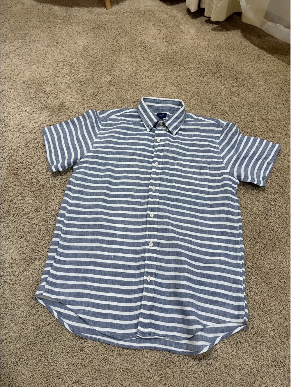 Men's J.Crew short-sleeve shirt blue white striped linen button down M MEDIUM